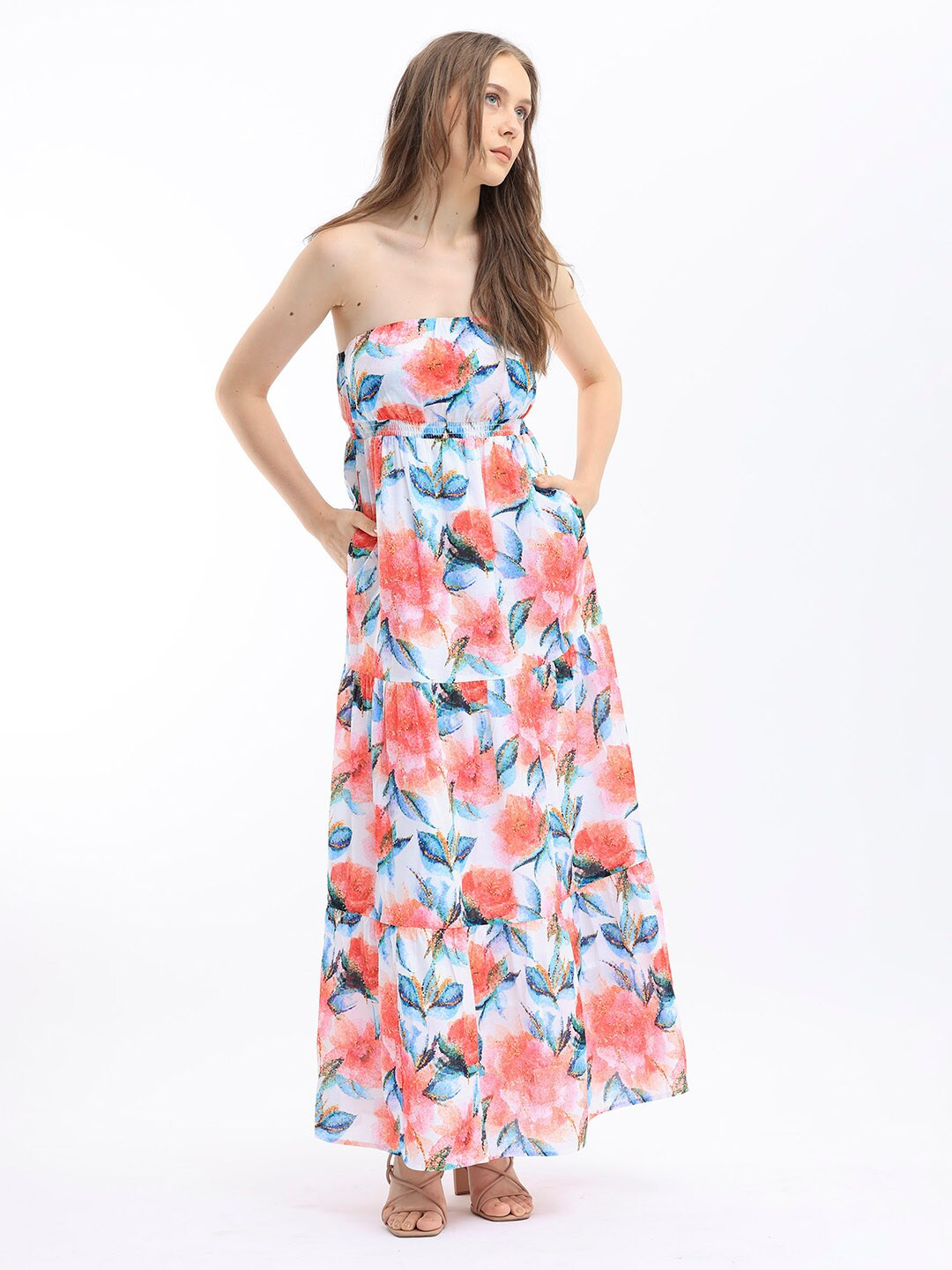 

RAREISM Floral Print Maxi Tube Dress, White