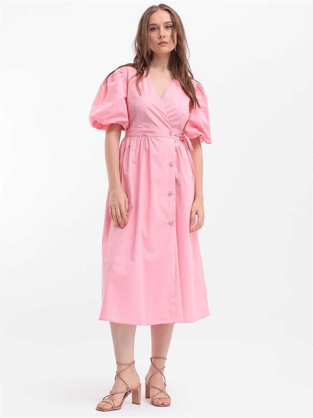

RAREISM Puff Sleeve Midi Wrap Dress, Pink