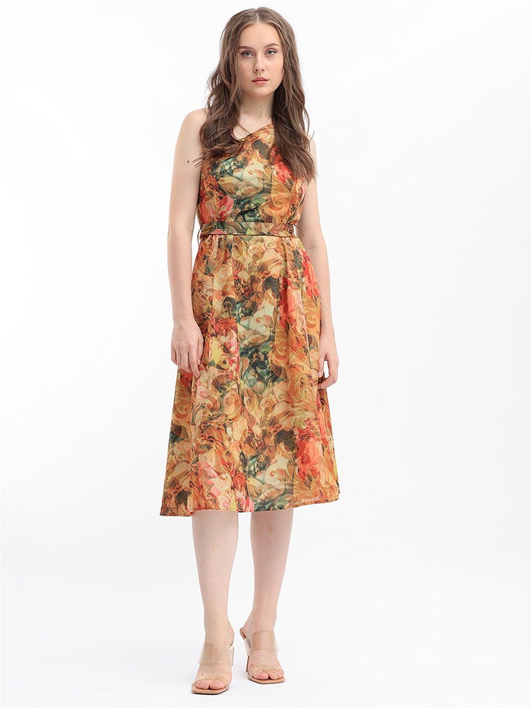 

RAREISM Floral One Shoulder Print Fit & Flare Midi Dress, Olive