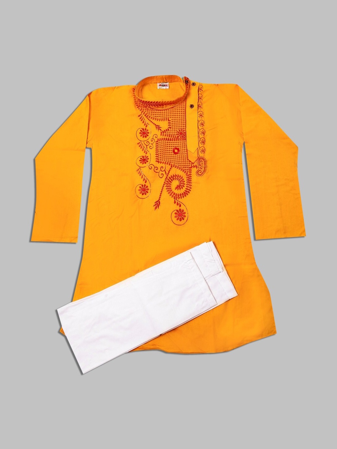 

BAESD Boys Ethnic Motifs Embroidered Mandarin Collar Thread Work Kurta with Pyjamas, Yellow