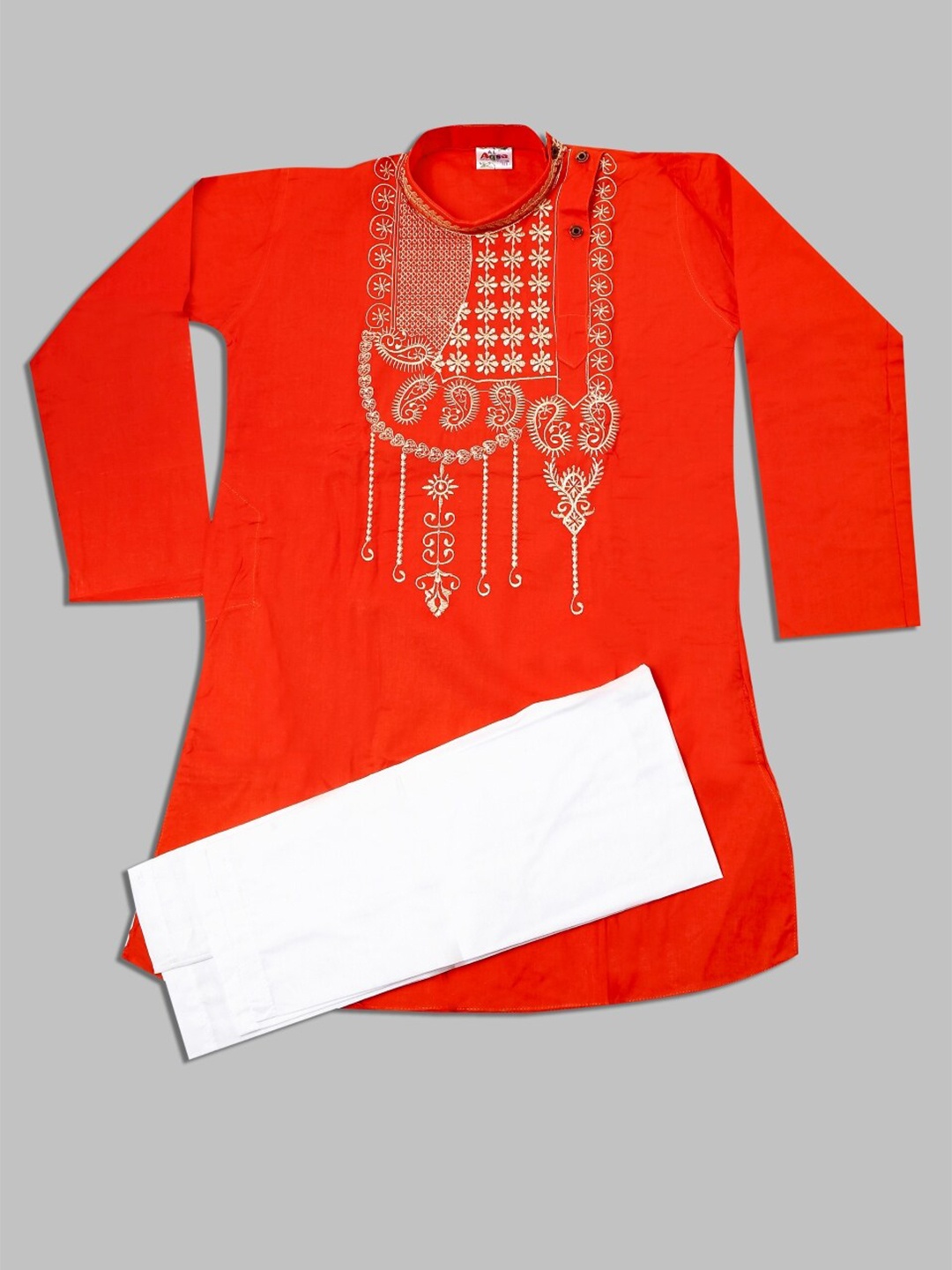 

BAESD Boys Ethnic Motifs Embroidered Mandarin Collar Thread Work Kurta with Pyjamas, Orange