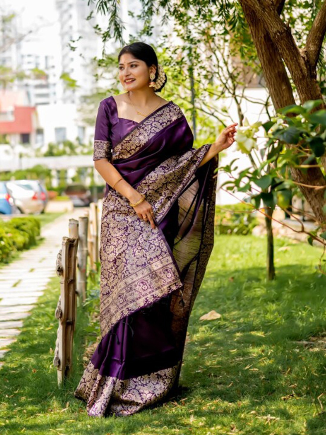 

NK Textiles Purple & GoldToned Zari Raw Silk Bhagalpuri Saree