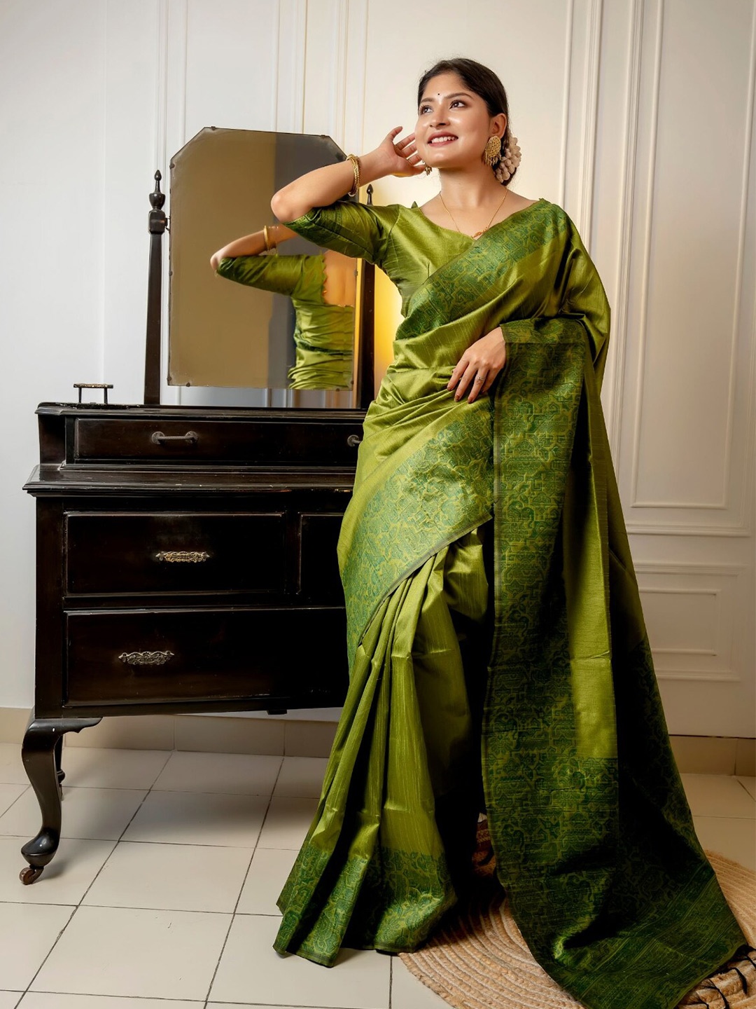 

NK Textiles Olive Green & Black Ethnic Motifs Zari Raw Silk Bhagalpuri Saree