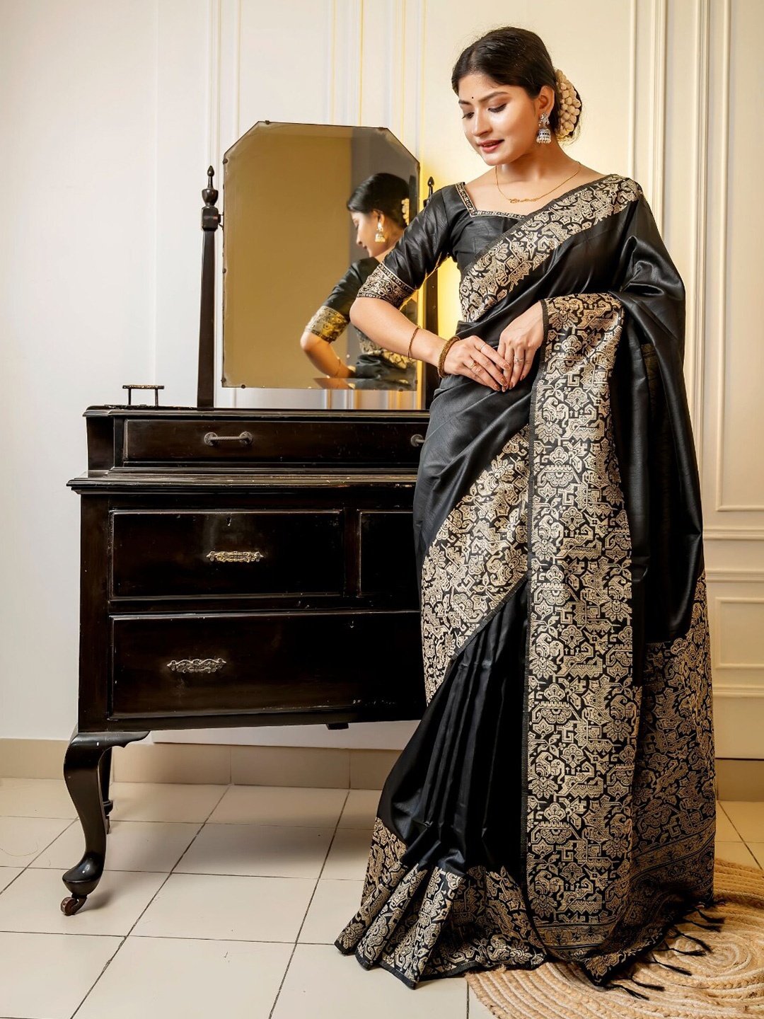 

NK Textiles Black & Cream Coloured Raw Silk Bhagalpuri Saree