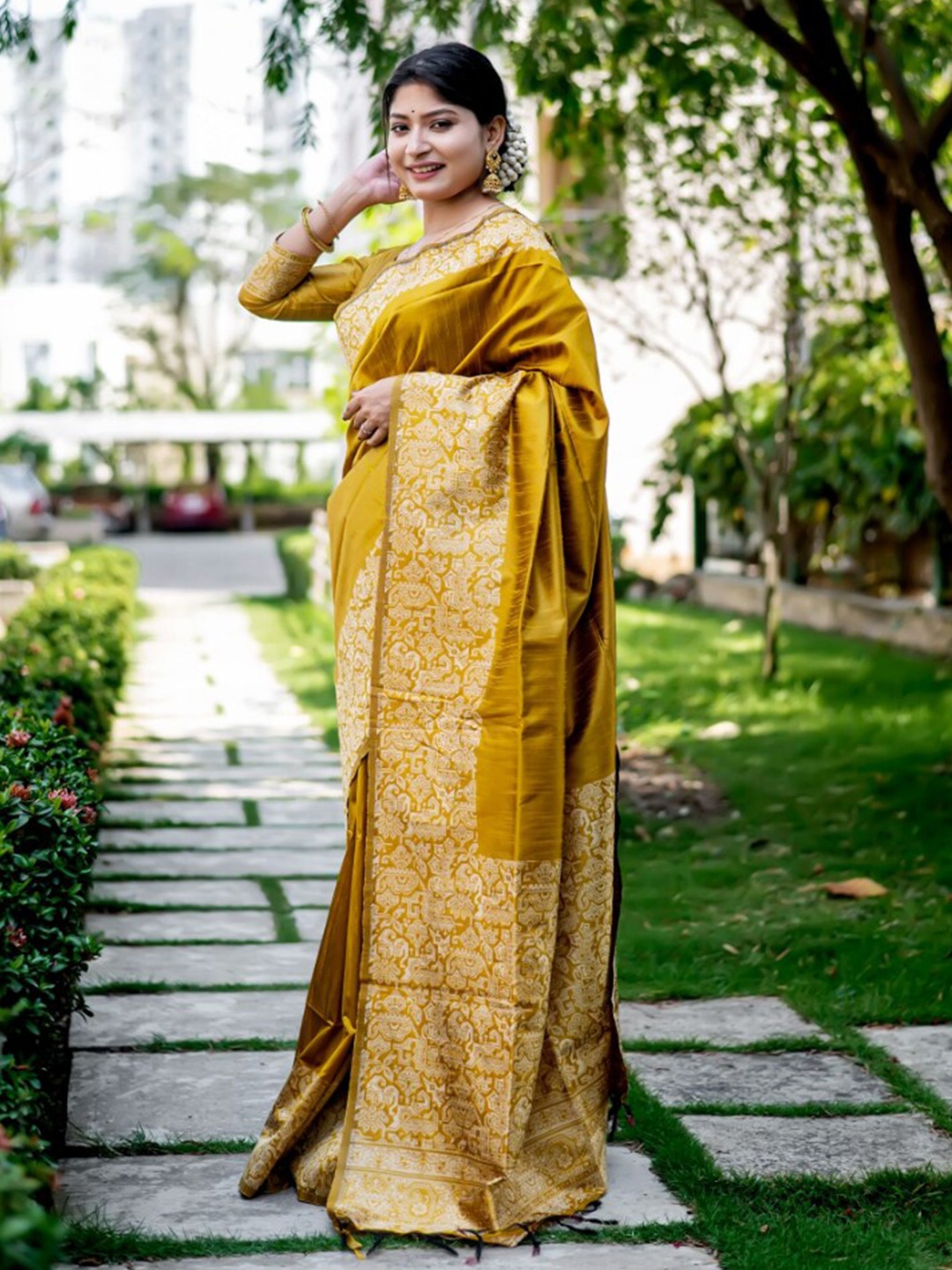 

NK Textiles Mustard & Cream Coloured Raw Silk Bhagalpuri Saree