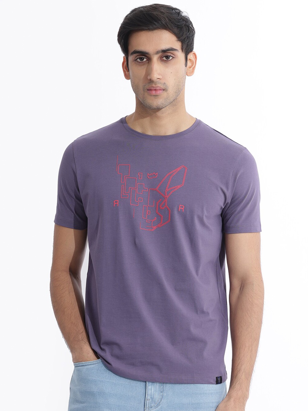 

RARE RABBIT Men Dern Round Neck Slim Fit T-Shirt, Purple