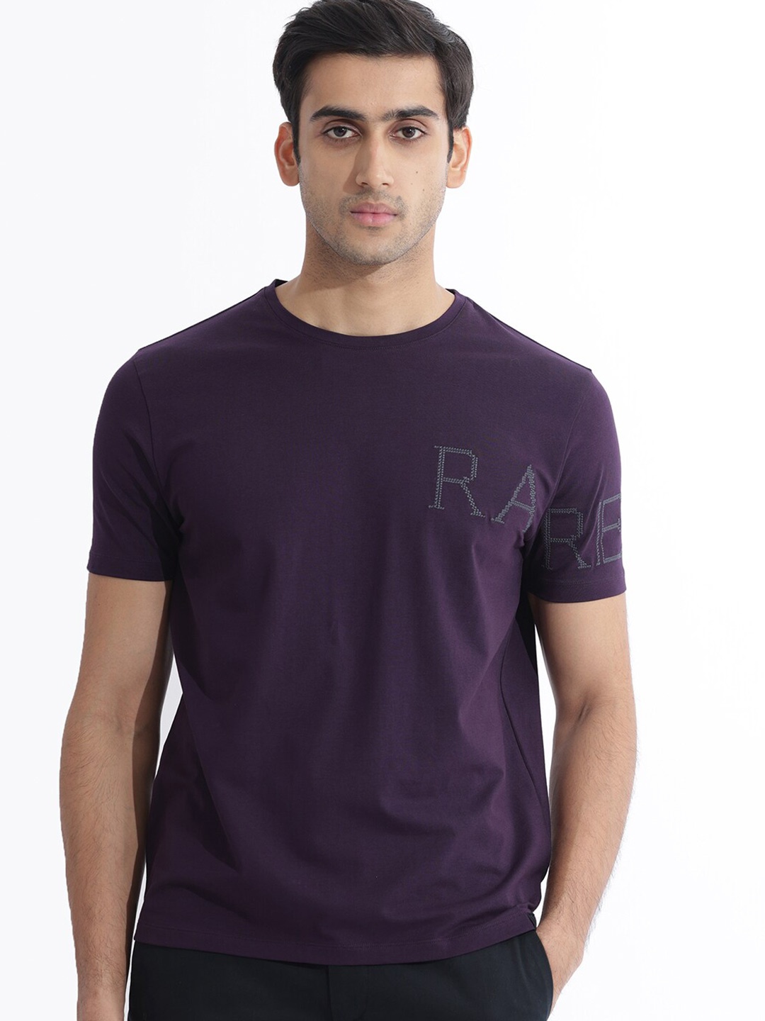 

RARE RABBIT Men Neilo Round Neck Cotton Slim Fit T-Shirt, Purple