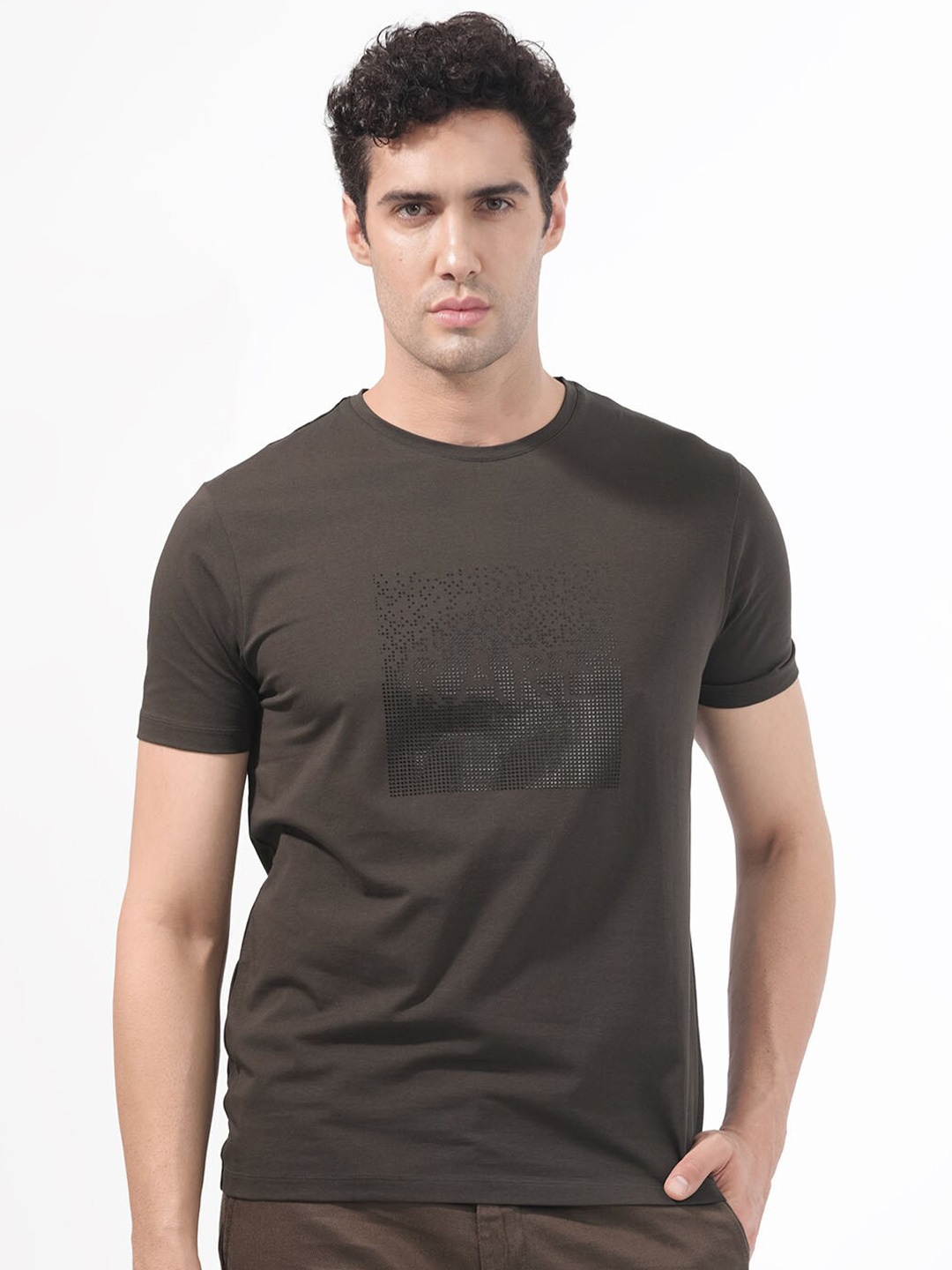 

RARE RABBIT Men Brandon Embellished Round Neck Cotton Slim Fit T-Shirt, Olive
