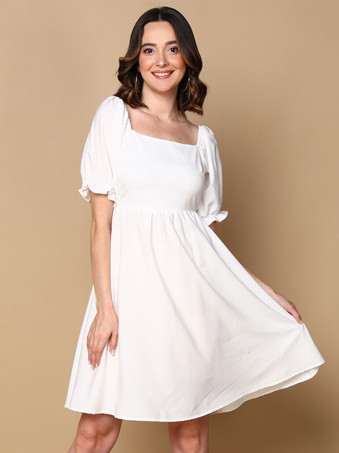 

Mast & Harbour White Puff Sleeve Square Neck Crepe Fit & Flare Dress
