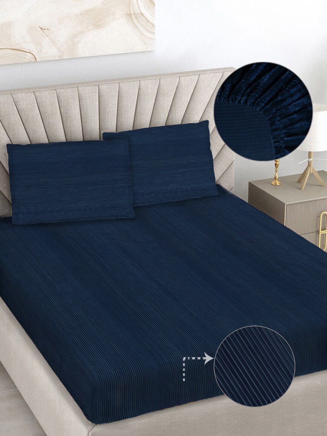 

FABINALIV Navy Blue Striped 300 TC Woollen King Size Fitted Bedsheet with 2 Pillow Covers