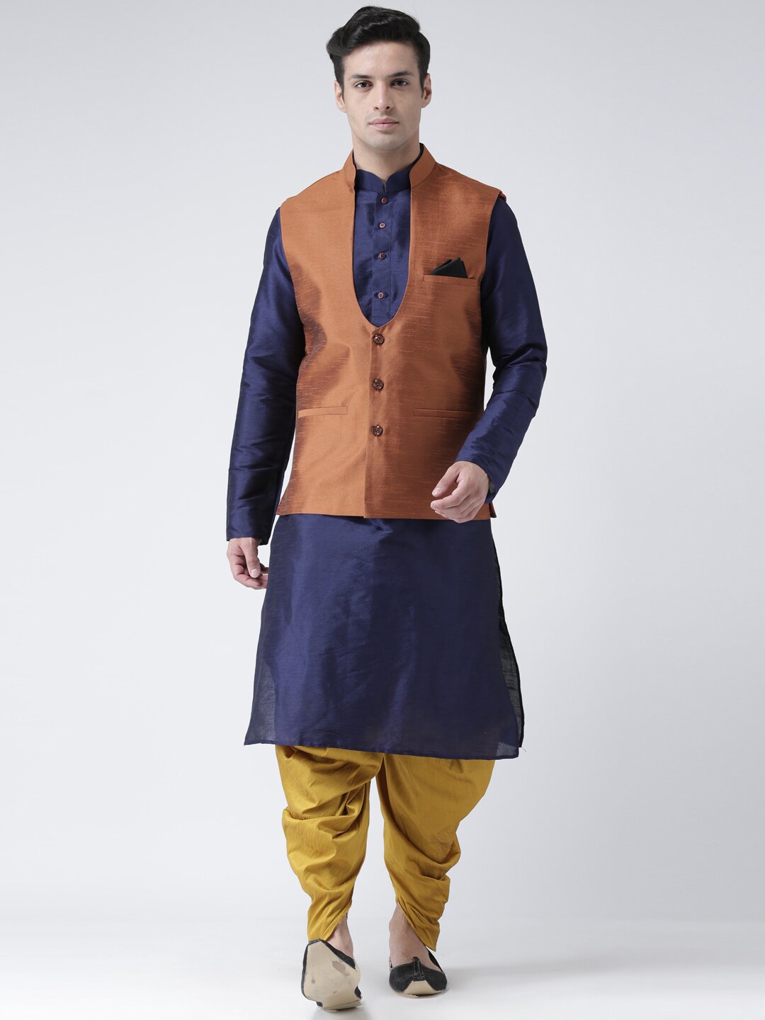 

DEYANN Mandarin Collar Long Sleeves Dupion Silk Kurta with Dhoti Pants And Nehru Jacket, Navy blue
