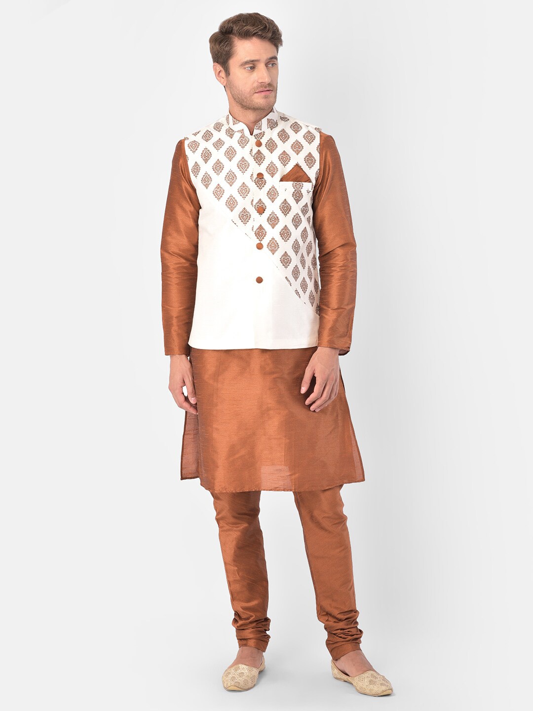 

DEYANN Ethnic Motifs Dupion Silk Kurta with Pyjamas & Nehru Jacket, Copper