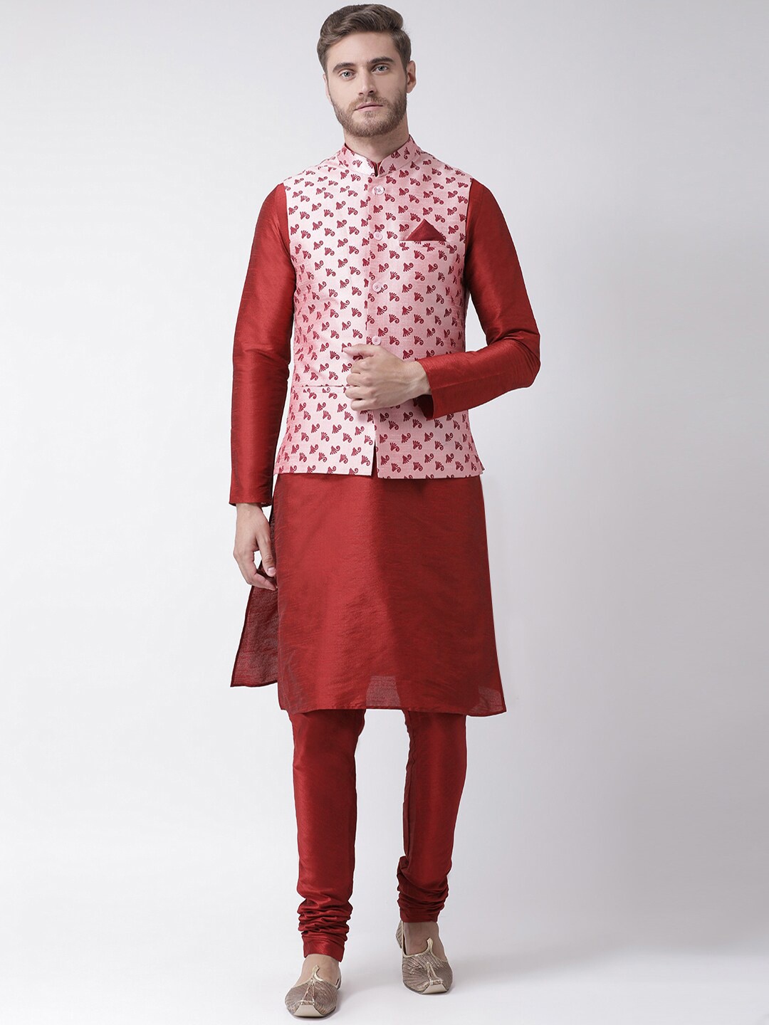

DEYANN Mandarin Collar Dupion Silk Kurta with Pyjamas & Nehru Jacket, Pink