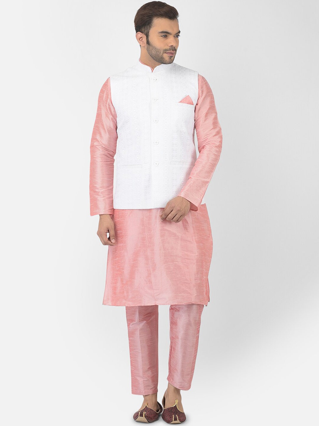 

DEYANN Mandarin Collar Long Sleeves Dupion Silk Kurta with Pyjamas And Nehru Jacket, White