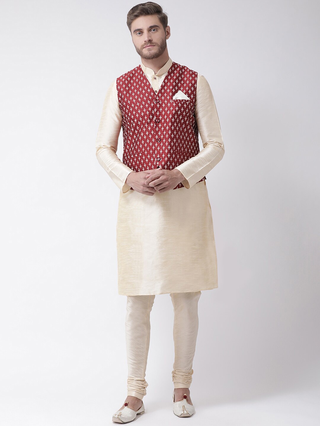 

DEYANN Mandarin Collar Dupion Silk Kurta with Pyjamas & Nehru Jacket, Cream