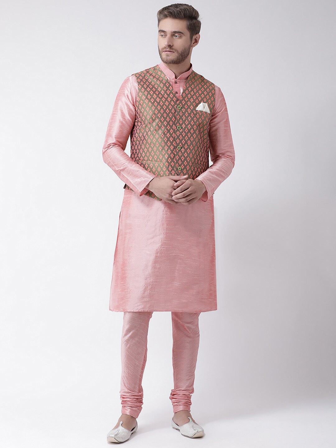 

DEYANN Ethnic Motifs Printed Mandarin Collar Straight Kurta with Pyjamas & Nehru Jacket, Green