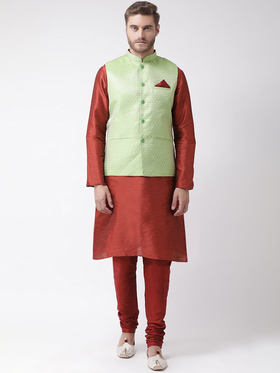 

DEYANN Dupion Silk Kurta with Pyjamas & Nehru Jacket, Red