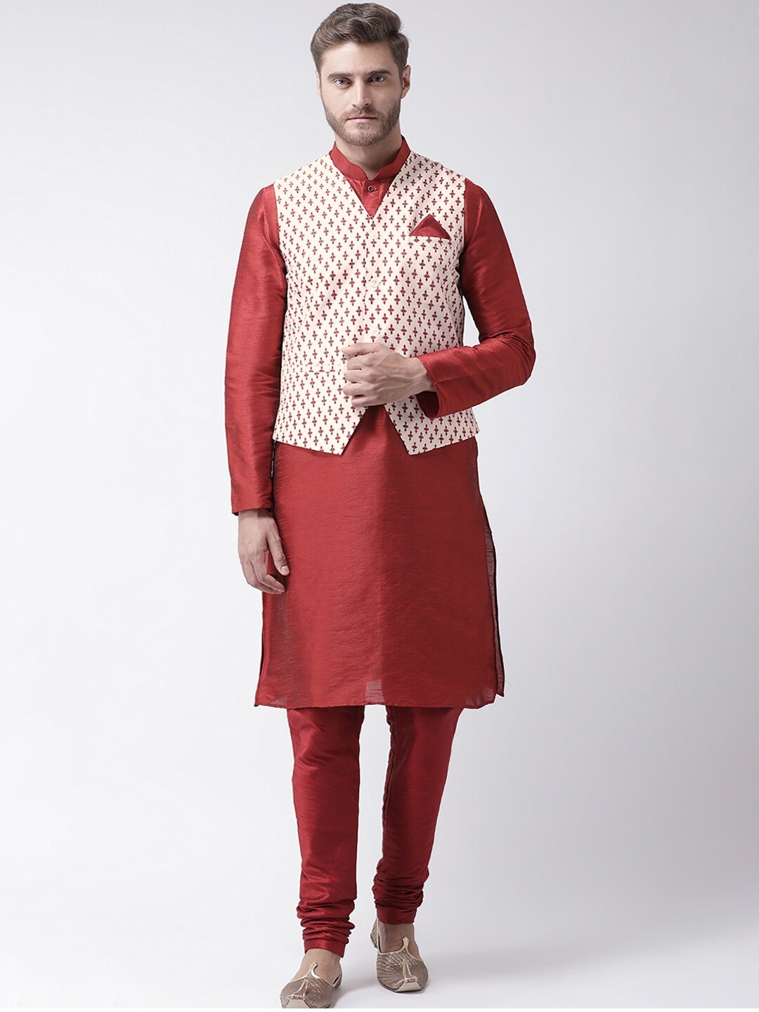 

DEYANN Mandarin Collar Regular Self Design Kurta With Pyjamas And Nehru Jacket, Red