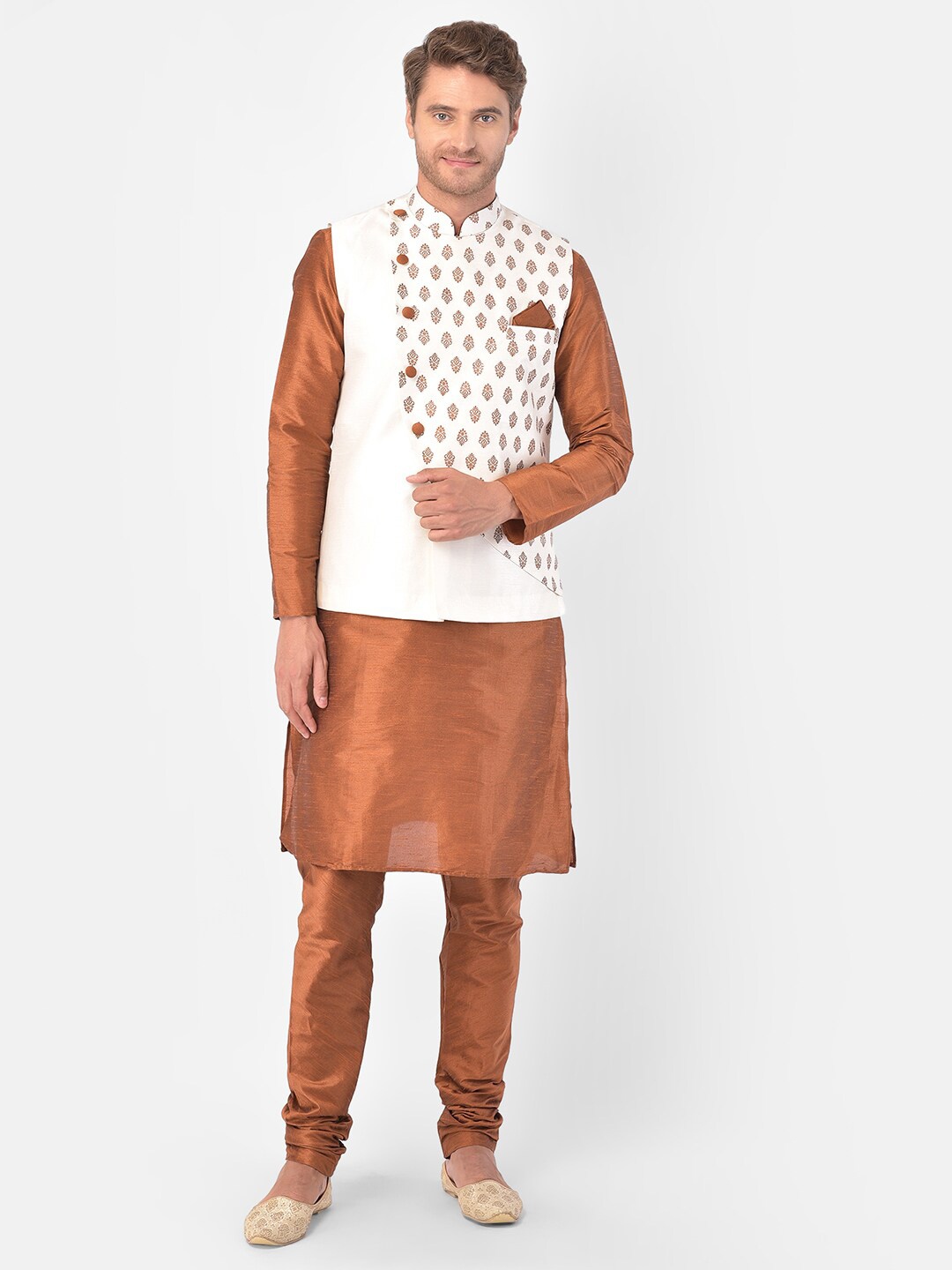 

DEYANN Mandarin Collar Straight Kurta With Churidar And Nehru Jacket, Copper