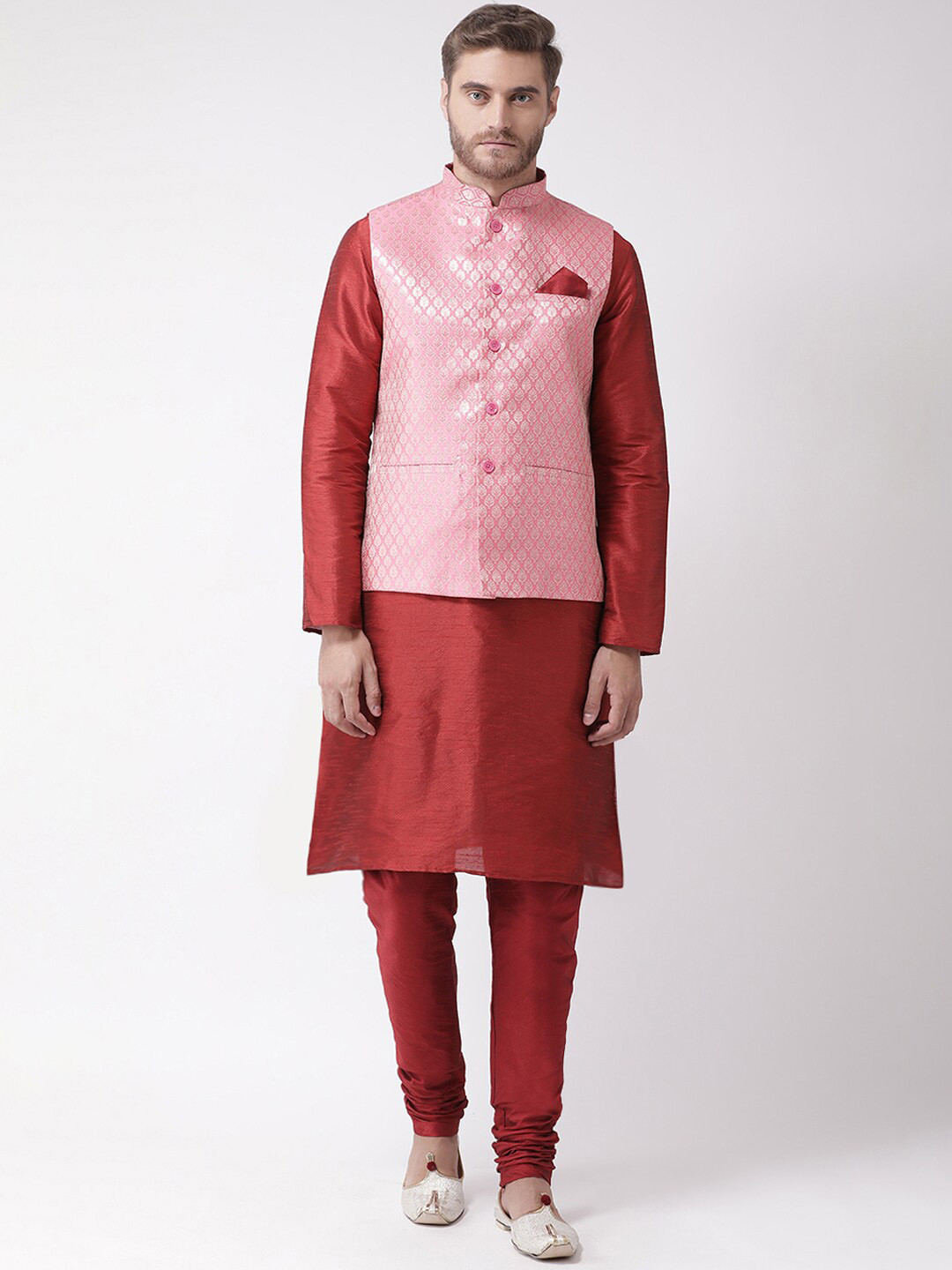 

DEYANN Mandarin Collar Straight Kurta With Pyjamas And Nehru Jacket, Pink