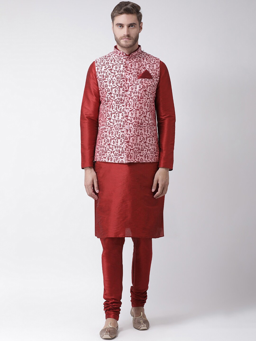 

DEYANN Regular Dupion Silk Kurta with Pyjamas and Nehru Jacket, Red