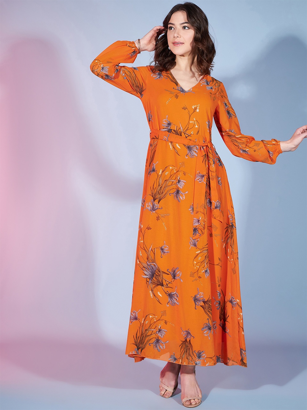 

DressBerry Floral Printed Georgette Maxi Dress, Orange