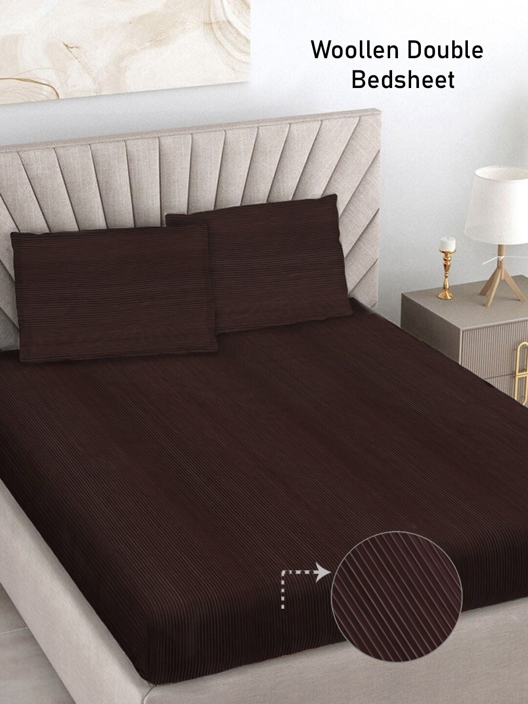 

FABINALIV Brown Striped 300 TC Woollen King Size Bedsheet with 2 Pillow Covers, Coffee brown