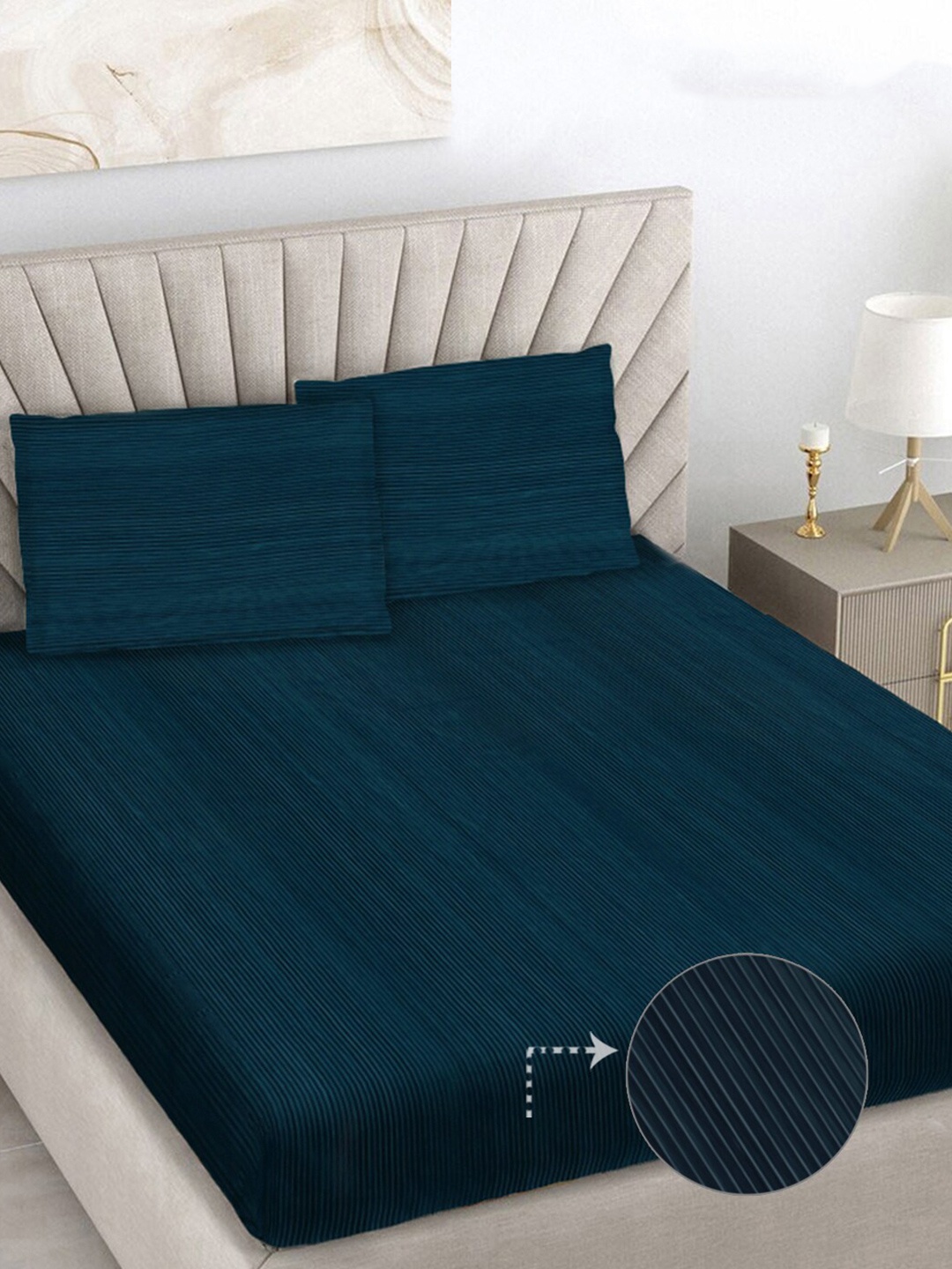

FABINALIV Blue Striped 300 TC Woollen King Size Bedsheet with 2 Pillow Covers, Turquoise blue