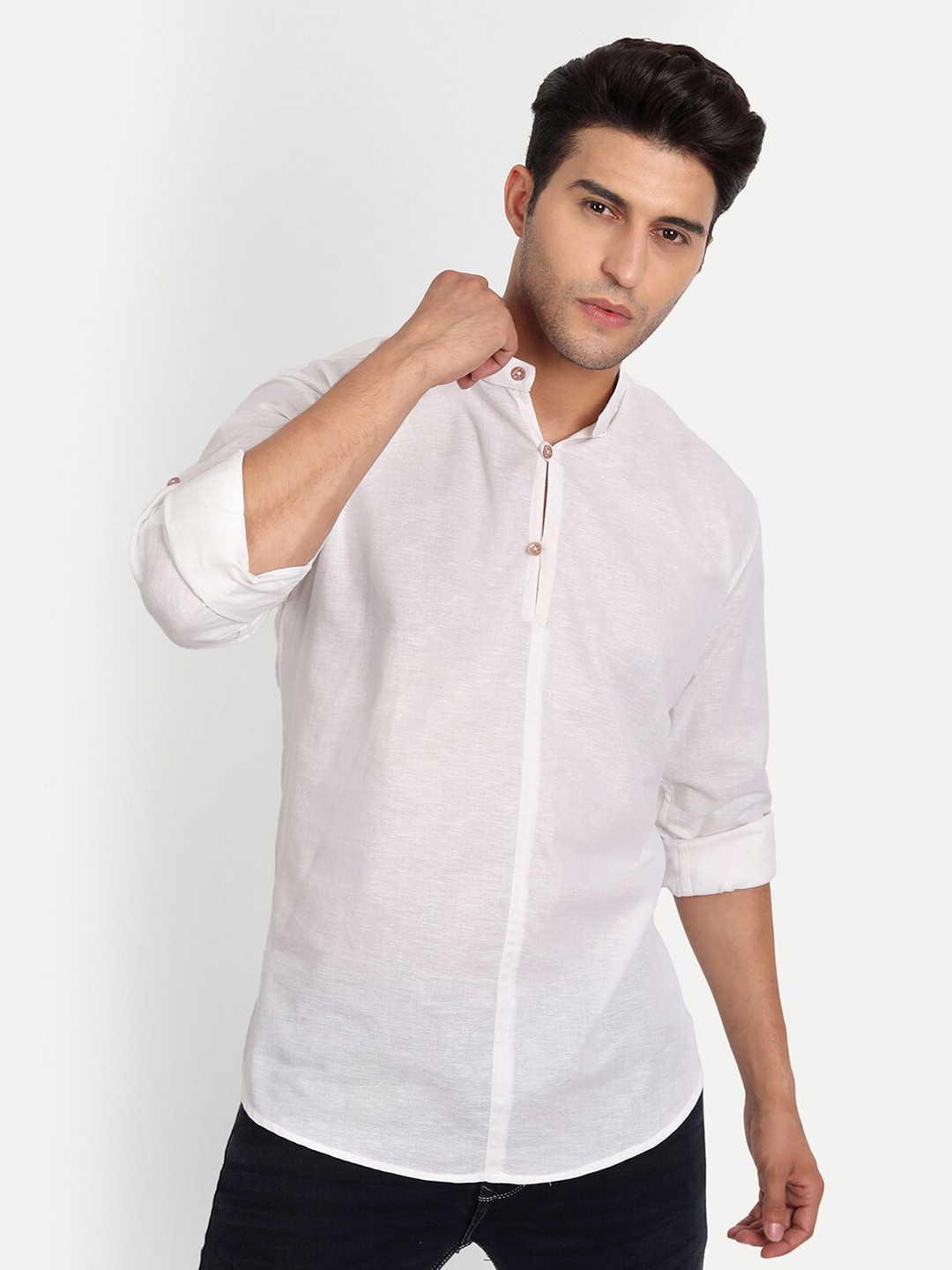 

Vida Loca Pure Cotton Band Collar Kurta, White