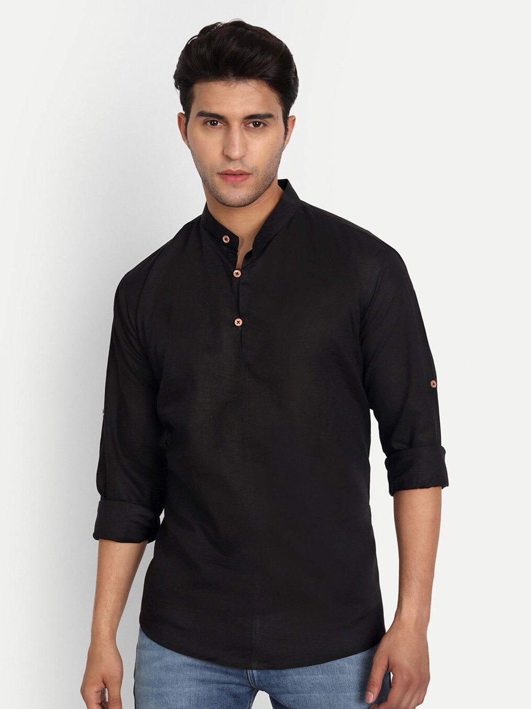 

Vida Loca Pure Cotton Band Collar Kurta, Black