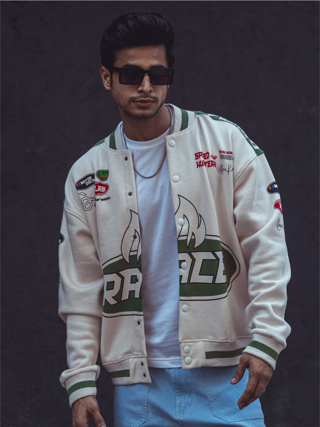 

Powerlook Cream-Coloured Typography Printed Stand Collar Oversized Varsity Jacket