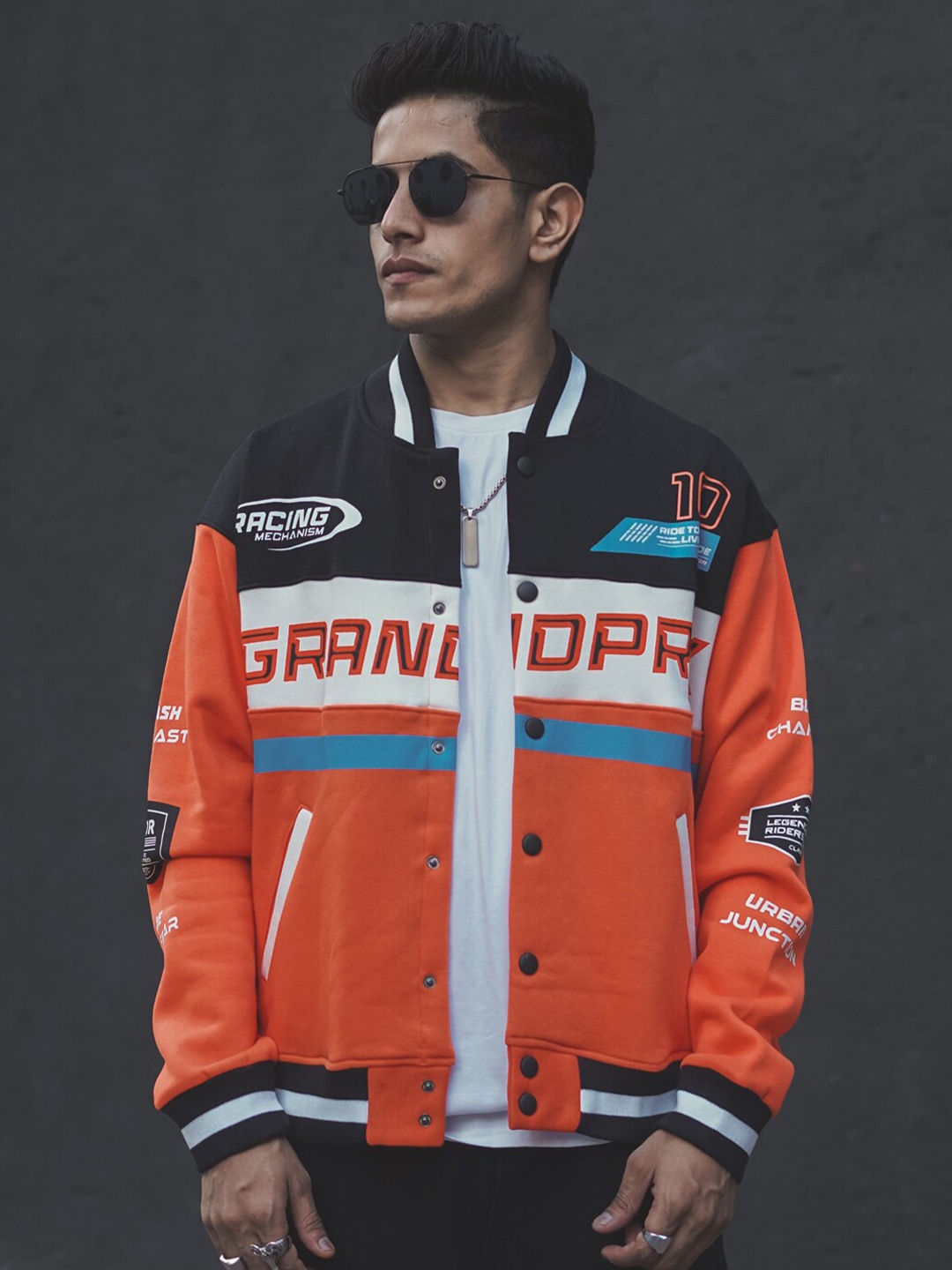 

Powerlook Orange Typography Printed Stand Collar Oversized Varsity Jacket