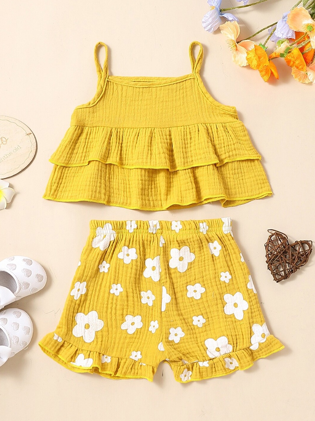 

StyleCast Girls Yellow & White Printed Pure Cotton Top With Shorts