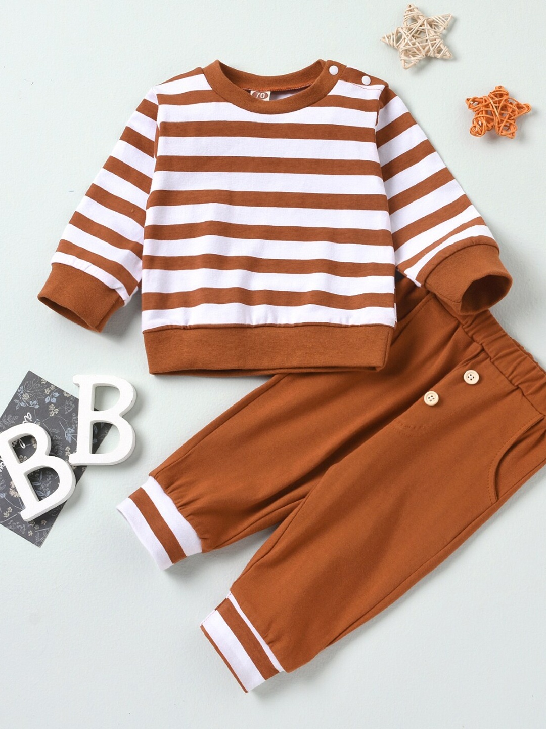 

StyleCast Girls Brown Striped Pure Cotton T-shirt with Trousers