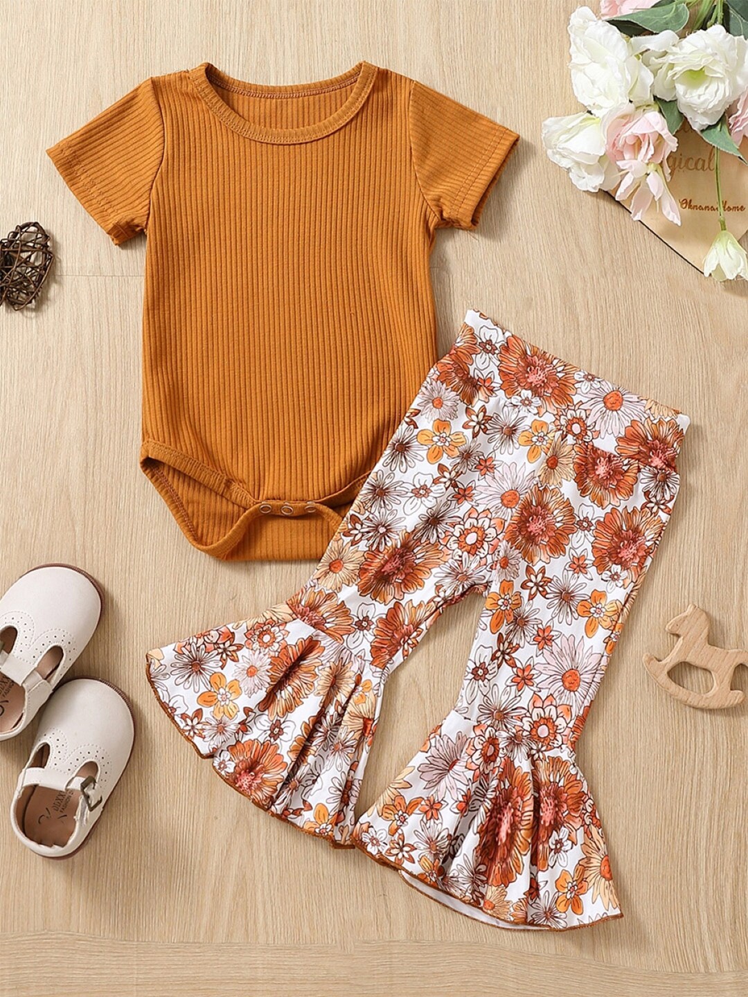 

StyleCast Girls Brown & White Ribbed Bodysuit With Printed Trousers
