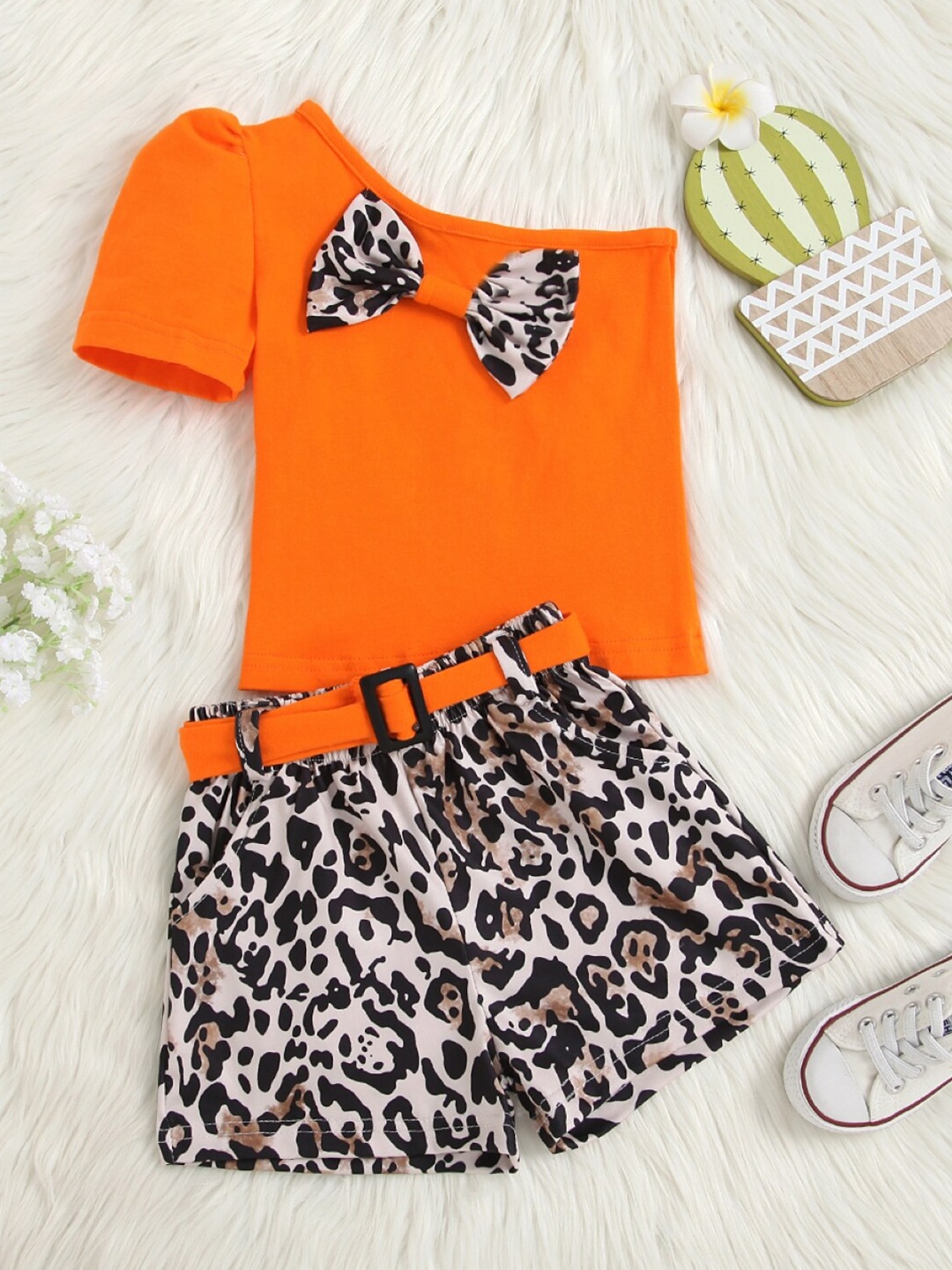 

StyleCast Girls Orange & Black One Shoulder Pure Cotton Top With Printed Shorts