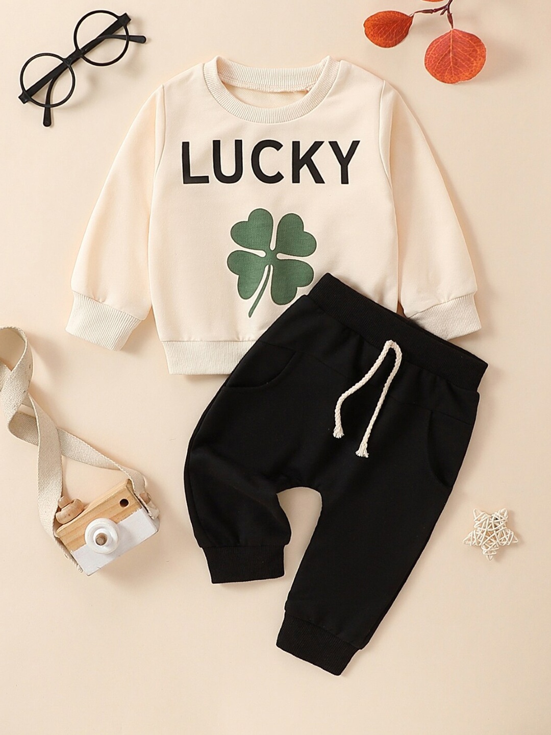 

StyleCast Girls Cream-Coloured & Black Printed Pure Cotton Top with Trousers
