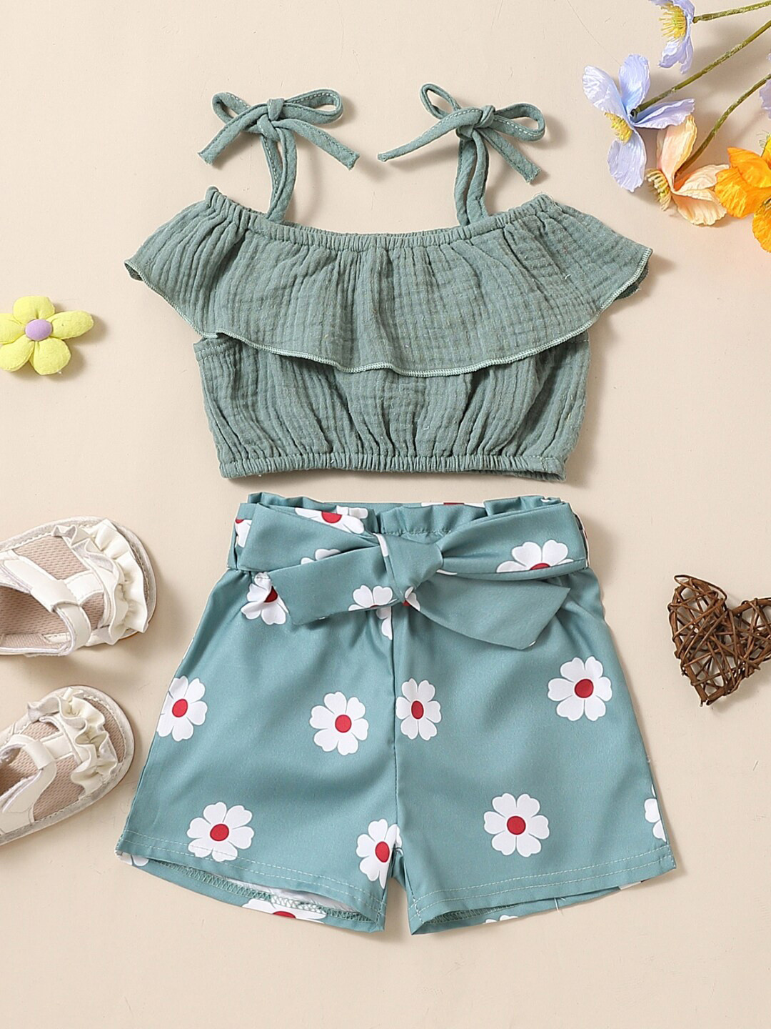 

StyleCast Infant Girls Green Shoulder Straps Pure Cotton Top with Shorts