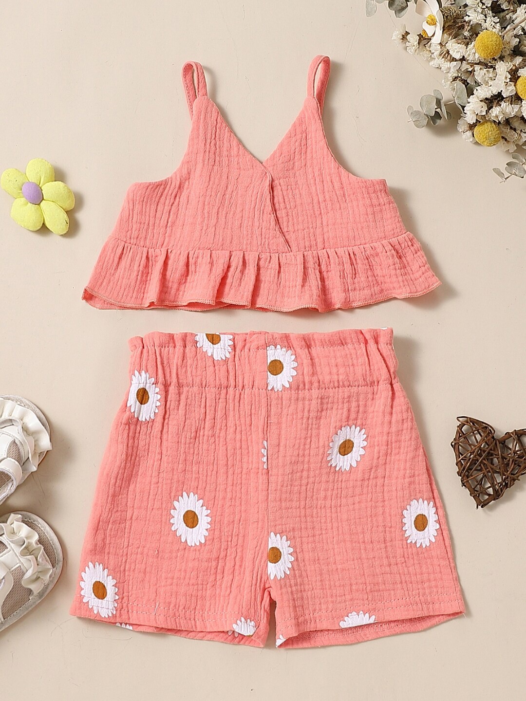 

StyleCast Infants Girls Pink & White Shoulder Straps Sleeveless Pure Cotton Top & Shorts