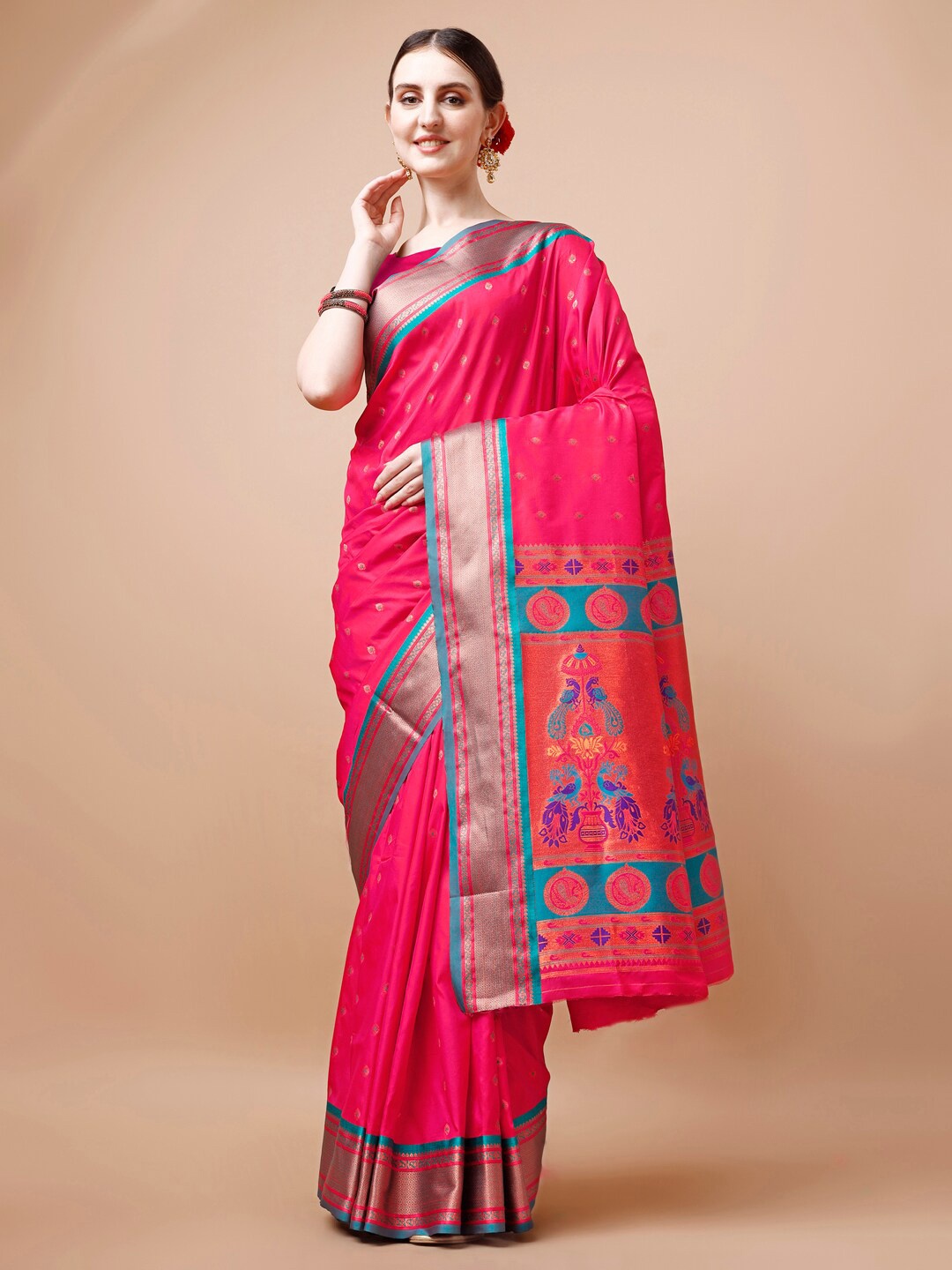 

JUST FASHION Woven Design Zari Paithani Saree, Pink