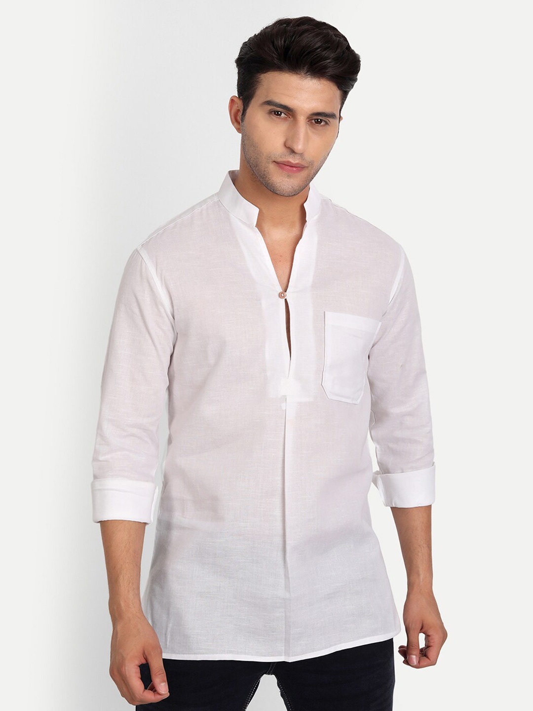 

Vida Loca Mandarin Collar Roll-Up Sleeves Cotton Kurta, White