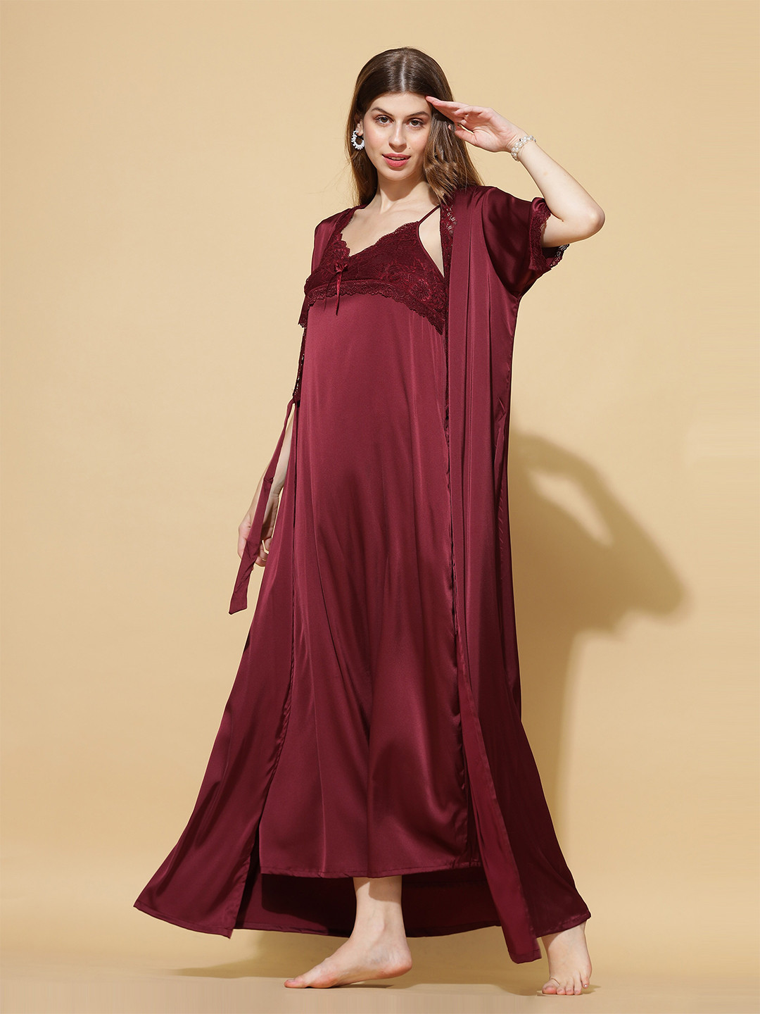 

9shines Label Shoulder Straps Satin Maxi Nightdress with Robe, Maroon