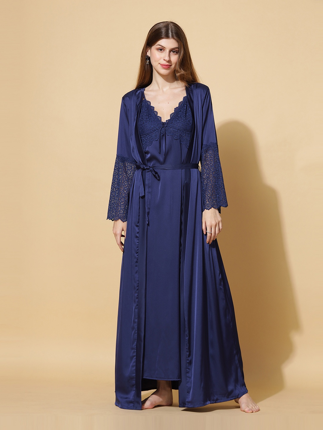 

9shines Label Shoulder Straps Satin Maxi Nightdress with Robe, Blue