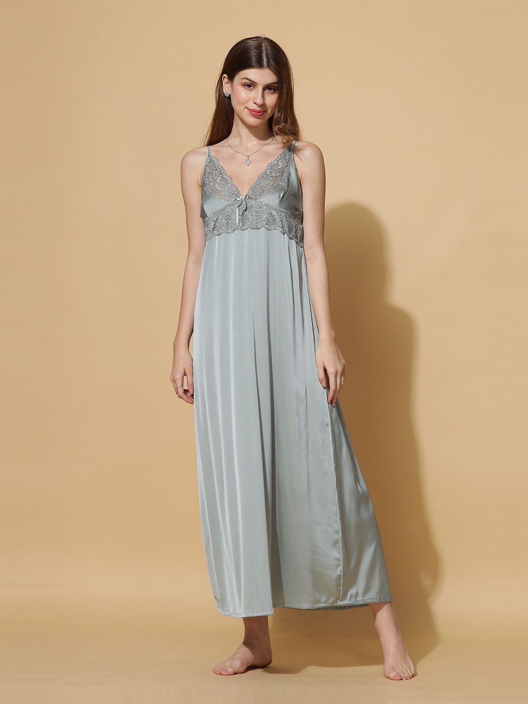 

9shines Label Lace Shoulder Straps Satin Maxi Nightdress with Robe, Grey