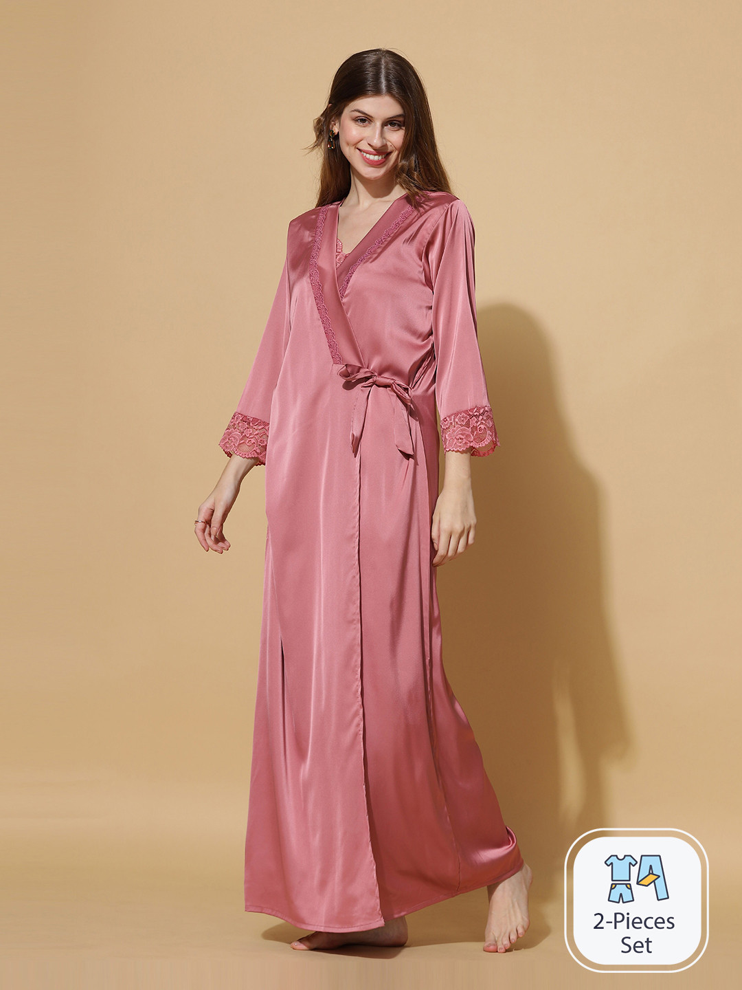 

9shines Label Shoulder Straps Satin Maxi Nightdress & Long Robe, Peach
