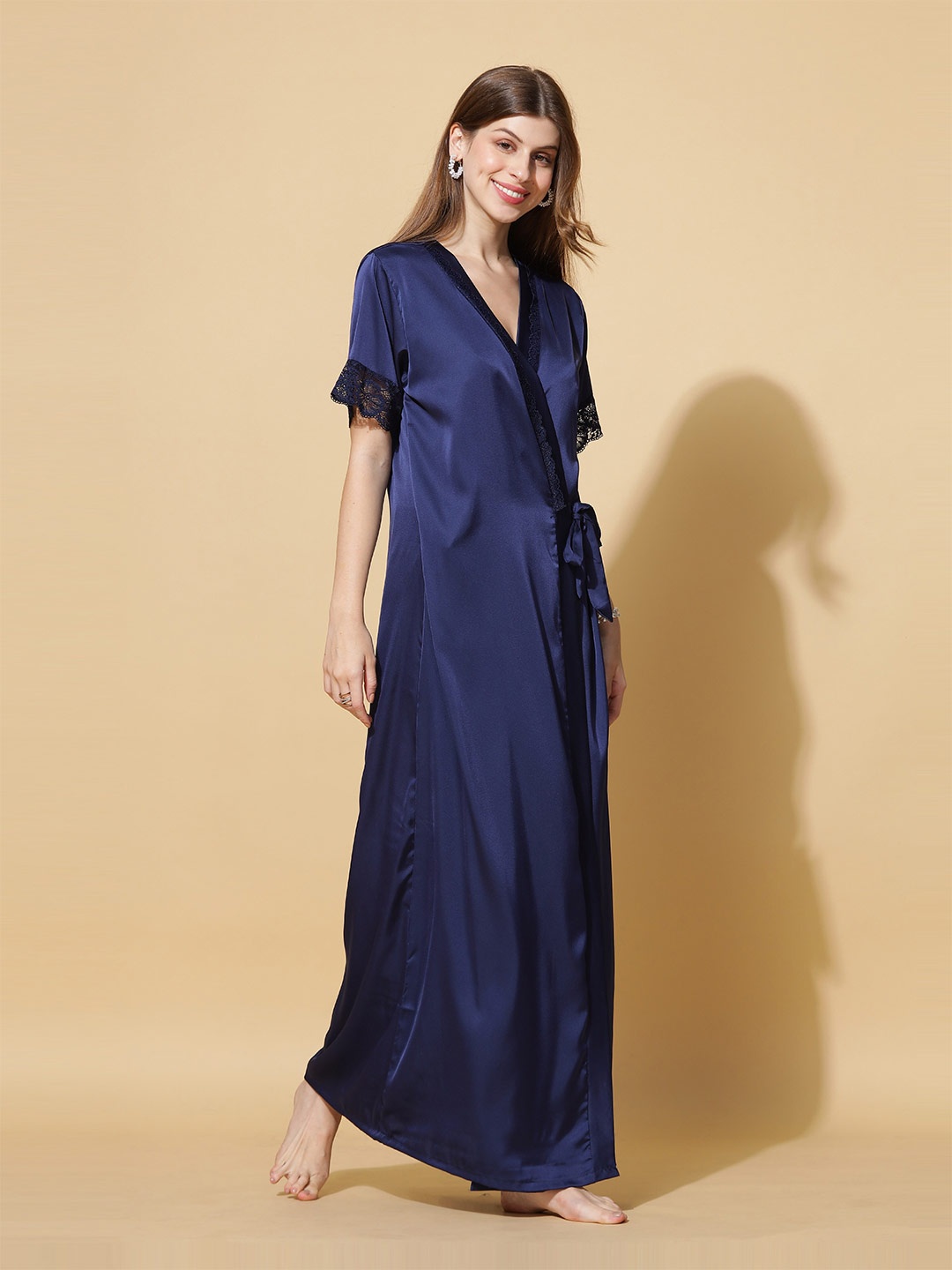 

9shines Shoulder Straps Satin Maxi Nightdress with Robe, Navy blue