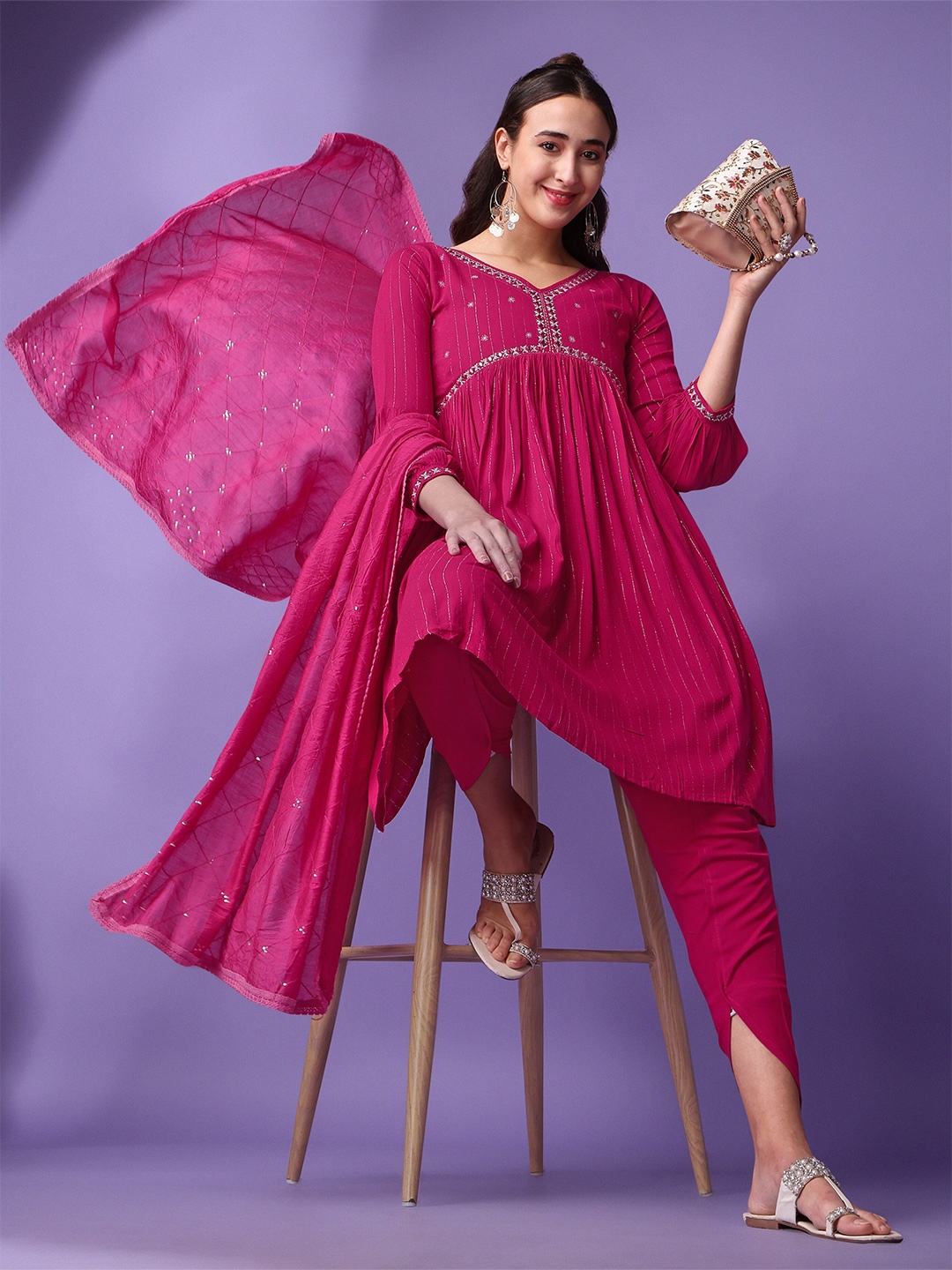 

KALINI Floral Embroidered Sequined Pleated Anarkali Kurta With Dhoti Pants & Dupatta, Fuchsia
