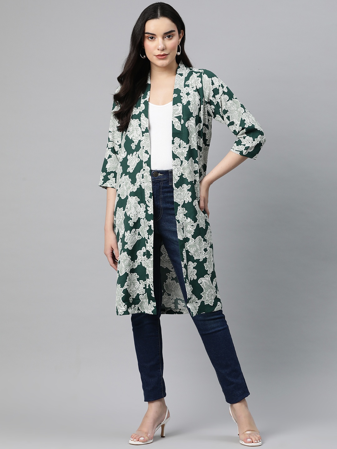 

Ayaany Printed Longline Shrug, Green