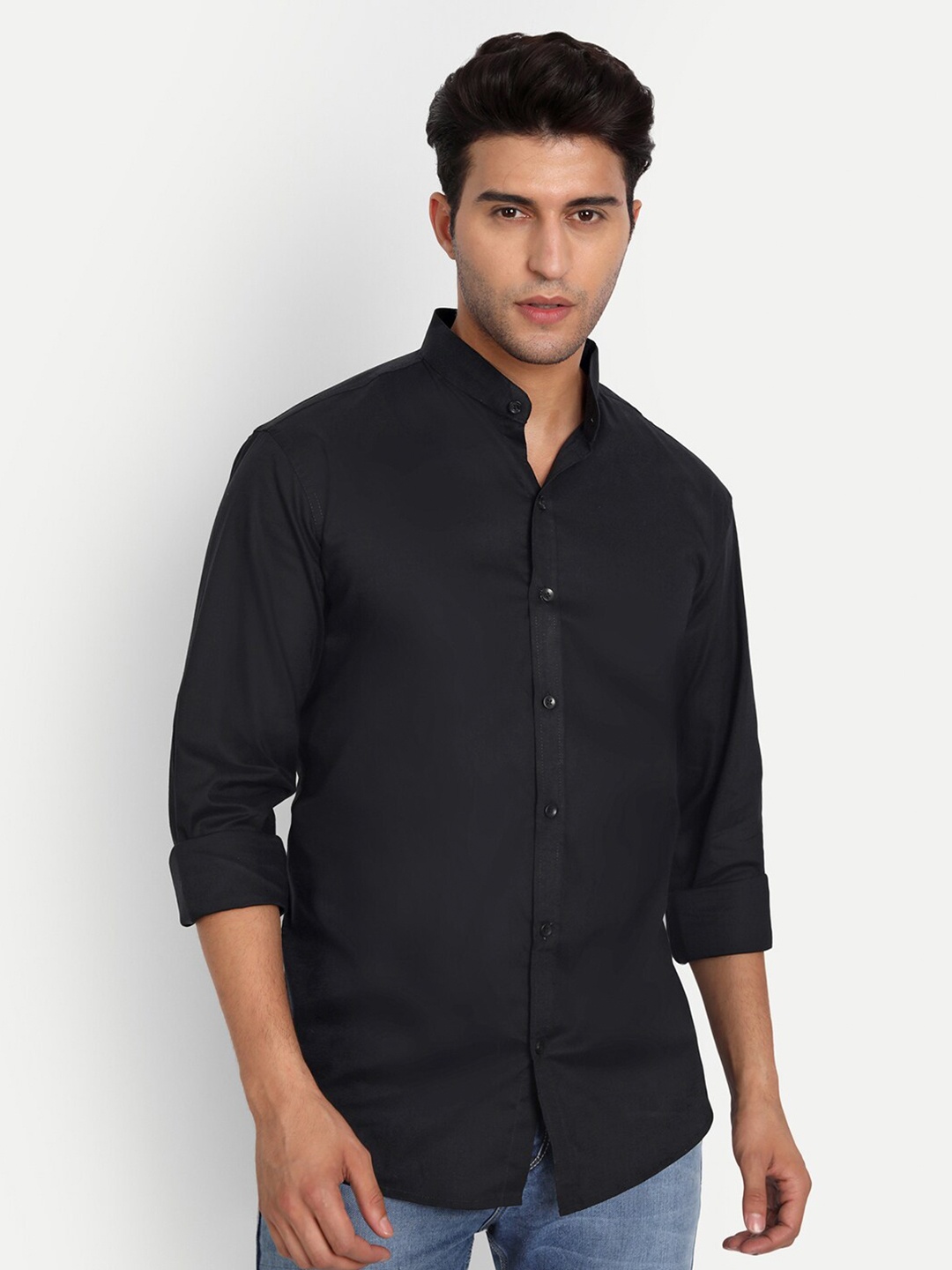 

Vida Loca Mandarin Collar Slim Fit Opaque Cotton Casual Shirt, Black