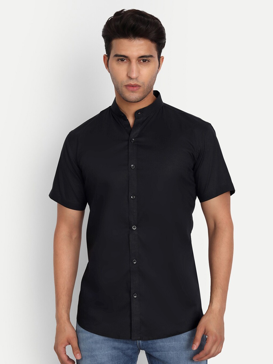 

Vida Loca Mandarin Collar Slim Fit Opaque Cotton Casual Shirt, Black